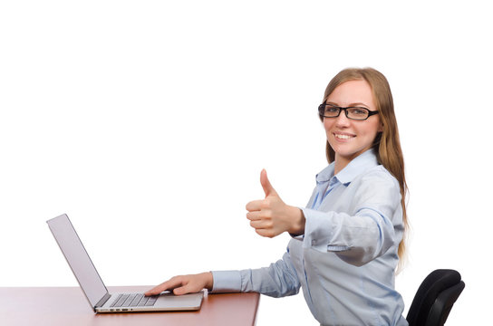 Office employee at work table with laptop isolated on white