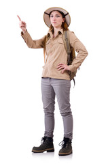 Woman wearing safari hat on white