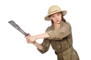 Woman wearing safari hat on white