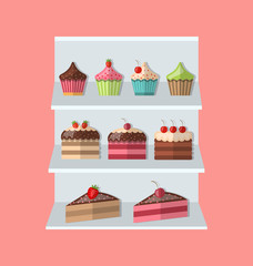 Delicious sweets piece cake stand market icons set