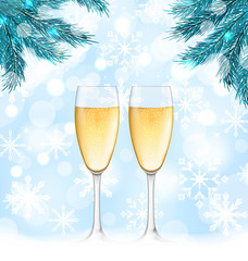 Winter Holiday Background with Glasses of Champagne