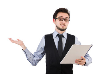 Office employee holding paper isolated on white