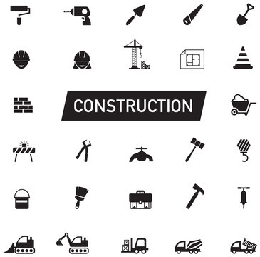 Silhouette Civil engineering excavator transport construction site industry tool equipment sign and symbol icon collection set, create by vector 