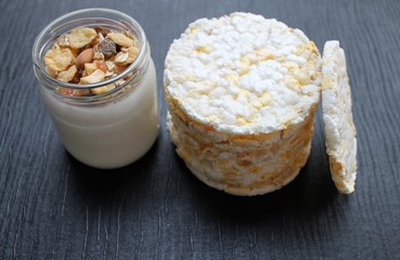 Natural fresh homemade yogurt from cow's milk handmade with probiotic bacteria, cereal and loaves