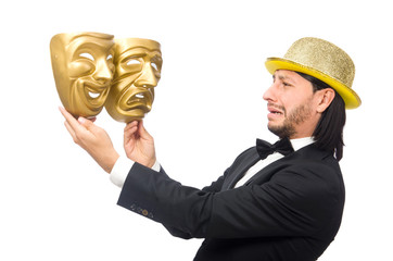 Man with theater mask isolated on white