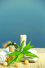 Beautiful composition of spa treatment on sea background