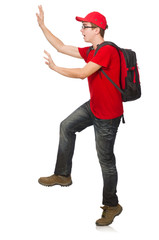 Young traveller with backpack isolated on white