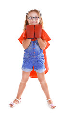 Fancy superhero girl with boxing gloves poses on white background