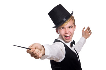 Magician with magic stick isolated on white