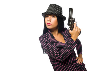 Gangster woman with gun isolated on white