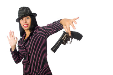 Gangster woman with gun isolated on white