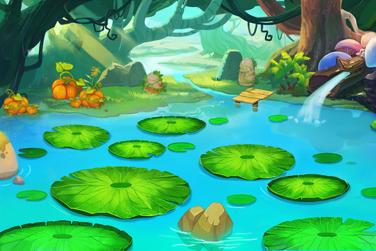 Illustration: The Sleeping Pond in the Forgotten Forest. Realistic Fantastic Cartoon Style Scene / Wallpaper / Background Design.

