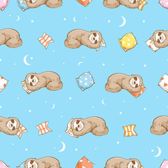Vector seamless pattern with cartoon  sloth  and pillows on blue  background. © voron4ihina