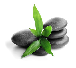Stack of stones and a green flower, isolated on white. Spa relaxation concept