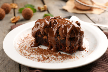 A piece of chocolate cake on the table, close-up