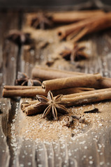 Spices cinnamon and anise on the wooden table