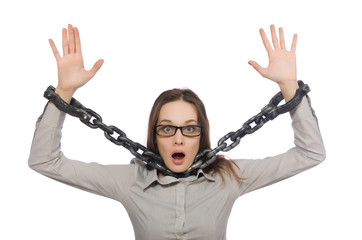 Young businesswoman in funny concept on white