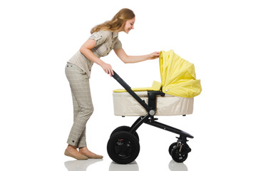Woman with baby and pram isolated on white