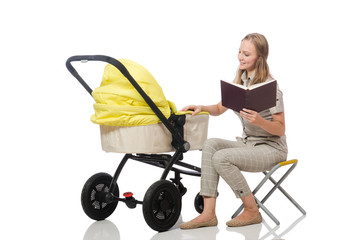 Woman with pram isolated on white
