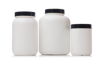Jars with food additive protein isolated on white