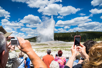 Tourists at Old Faithful Yellowstone National Park - obrazy, fototapety, plakaty