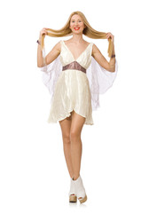 Naklejka premium Woman wearing white dress isolated on white