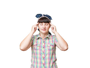 Young housewife makes massage temples migraine.  white backgroun