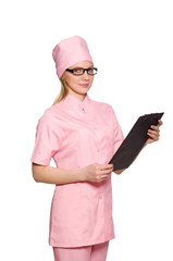 Woman doctor isolated on white