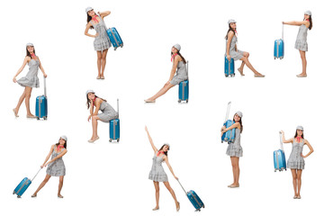 Travelling woman with suitcase isolated on white