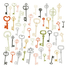 Decorative vintage keys, doodles, set of antique keys