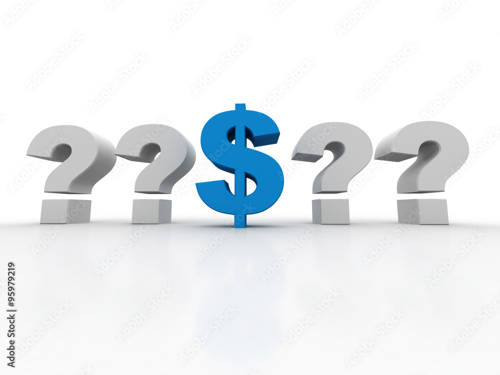 Poster 3d rendering Dollar symbol with question mark