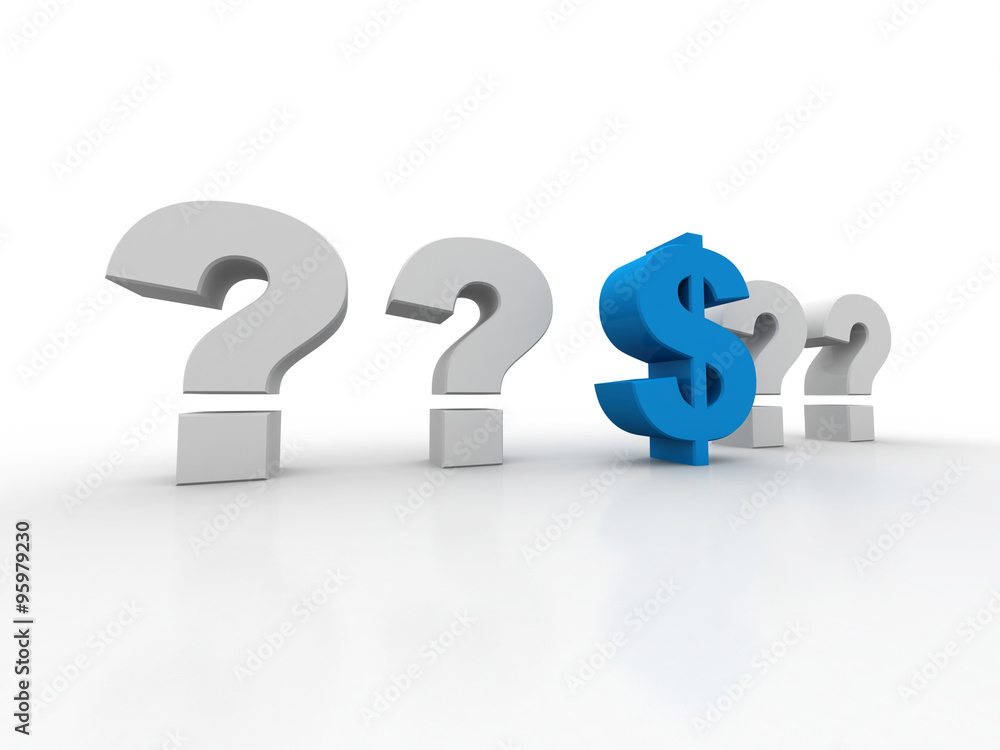 Poster 3d rendering Dollar symbol with question mark