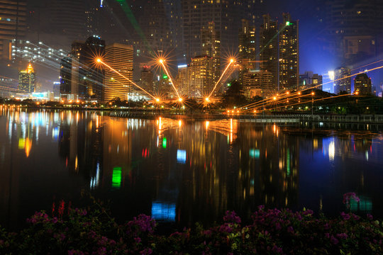 Benchakitti Park bangkok night view in the business district.