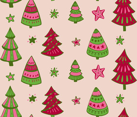 Seamless  pattern with hand drawn Christmas elements: Xmas trees