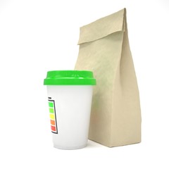 Coffee to go and lunch bag, on white.