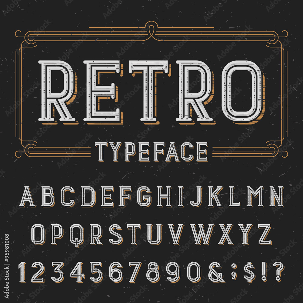 Poster retro typeface with distressed overlay texture. retro vector typeface. letters, numbers and symbols.