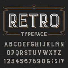 Retro typeface with distressed overlay texture.
Retro vector typeface. Letters, numbers and symbols. Alphabet font for labels, headlines, posters etc.