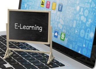  Laptop with chalkboard, e-learning, online education concept