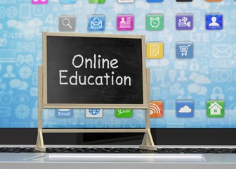  Laptop with chalkboard, online education concept