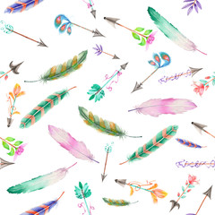 Seamless pattern of colored feathers and romantic arrows painted with watercolors on a white background