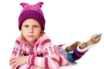 Ice skating. The little girl sitting on ice in ice skating. Isol