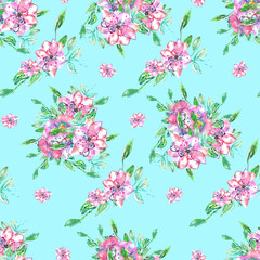 Seamless pattern with pink and purple flowers and green leaves with watercolor blots painted in watercolor on a turquoise background