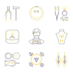 Set of jeweler profession linear icons. Vector concept of jewelry, handmade accessories, luxury items. Modern thin line style.