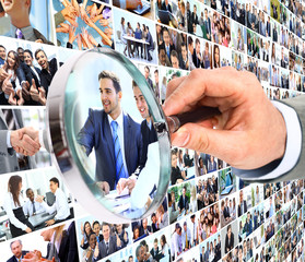 Human resource concept, magnifying glass searching people
