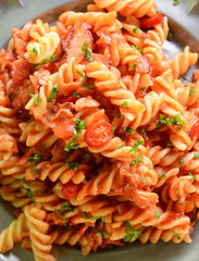Pasta with hot tomato sauce and chili pepper