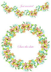 Fototapeta na wymiar Circle frame, wreath and garland of yellow and pink flowers and branches with the blue and green leaves painted in watercolor on a white background, greeting card, decoration postcard or invitation