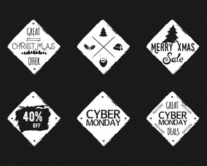 Set of Christmas, cyber monday sale ink, watercolor banners, labels, badges, stamps with a winter shopping tag, tree. New year discount coupons, card. Hand drawn hipster design. Vector