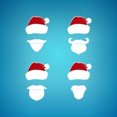 Colorful Santa Claus Face on a Blue Background, Set of Santa Claus Face , Santa Claus  with a Beard, Mustache and Hat without a Face, Christmas Decorations, Merry Christmas and Happy New Year