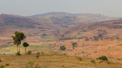 Red mountain landscape with blue sky in a Madagascar