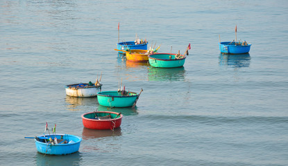 Mui ne beach with many colorful boat
